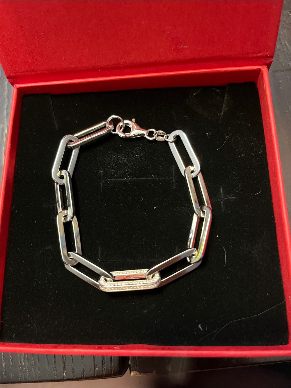 Silver Paperclip Link Bracelet with Pavé Accent
